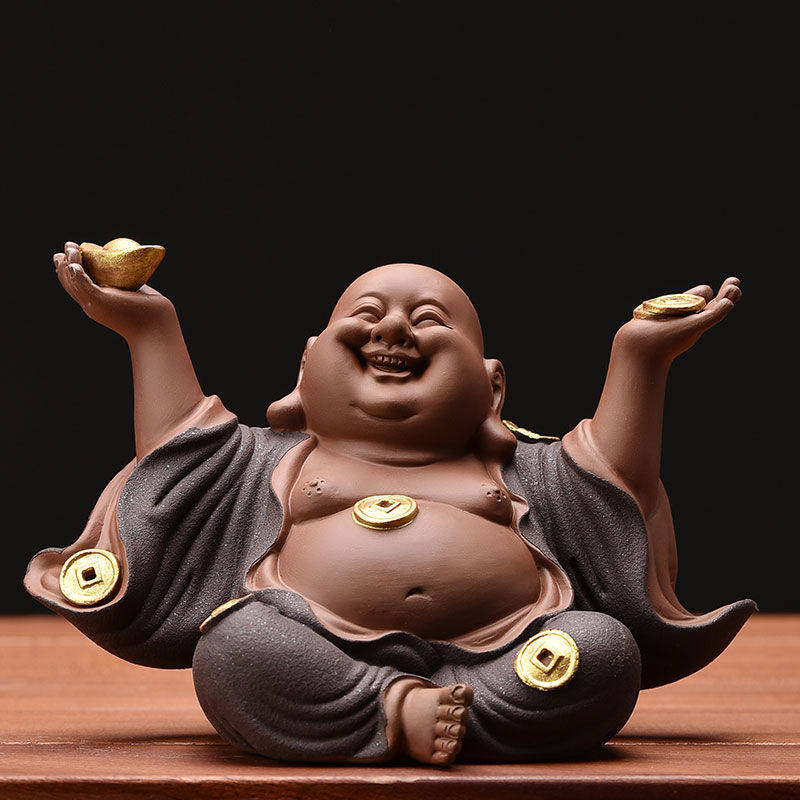 紫砂招财弥勒佛茶宠精陶瓷大肚笑佛茶桌茶台禅意佛像装饰摆件