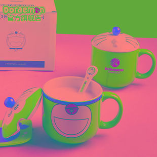 哆啦A梦官方旗舰店造型杯陶瓷马克杯带盖带勺水杯家用握杯办公室