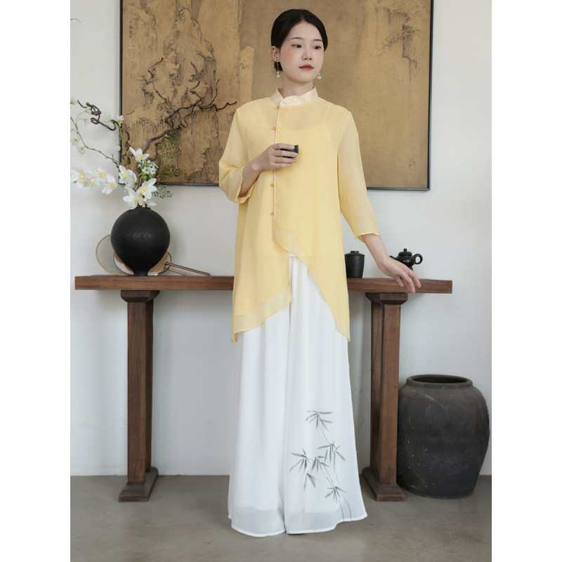 中式中国风棉麻太极服女 小立领太极拳练功服表演服上衣春夏