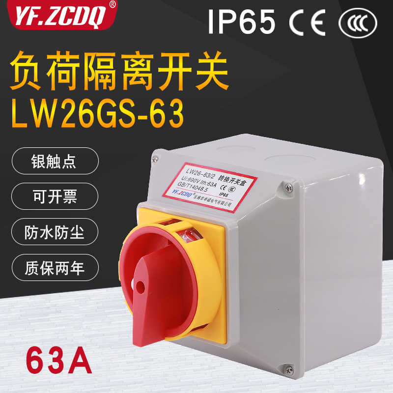 LW26GS-63/2主控380V电源切断4P负荷隔离带防水盒63A万能转换