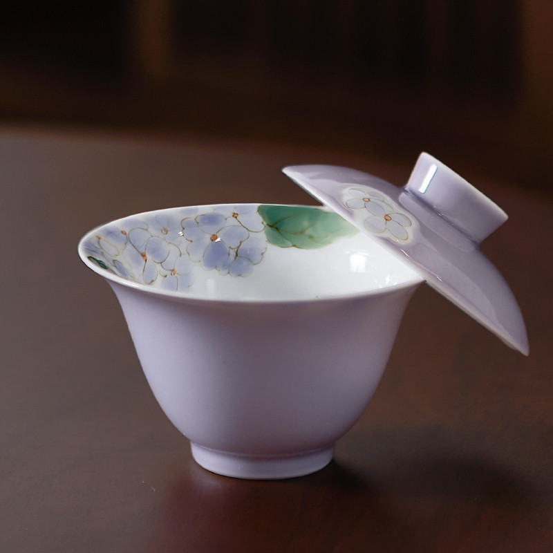 手绘绣球花盖碗茶杯可悬停防烫单个紫色二才茶碗泡茶高档釉下彩