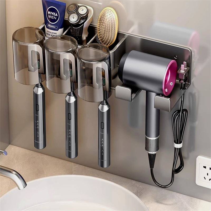 牙刷置物架免打孔卫生间置物架厕所浴室漱口杯多功能吹风机一体架