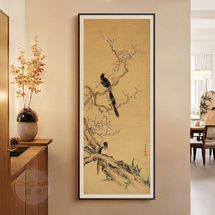 禅意寓意好挂画 饰画复古新中式 喜上枝头侘寂中古风入户玄关长款 装