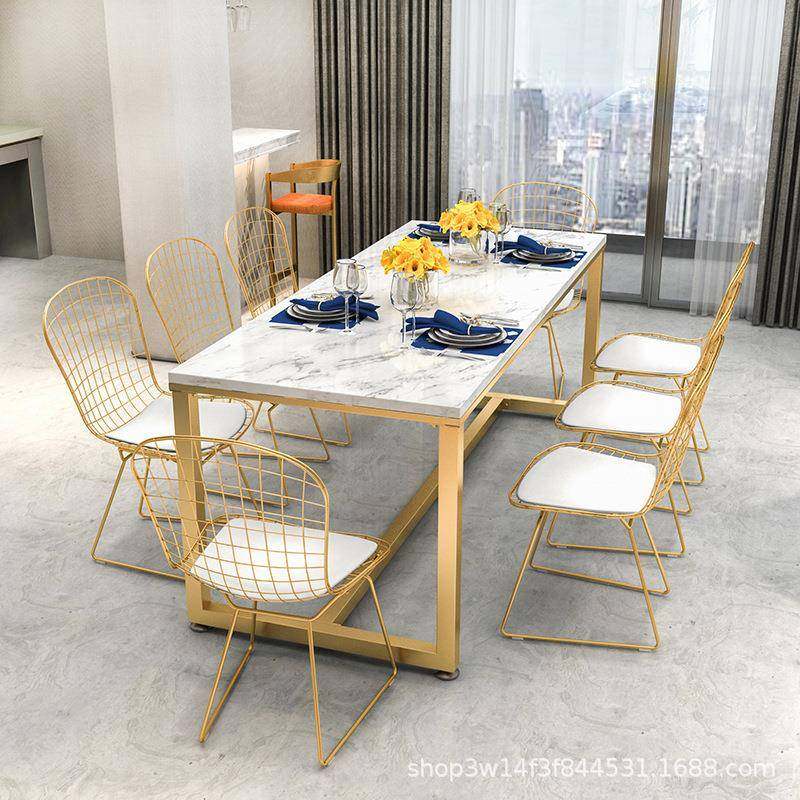 北欧现代大理石餐桌铁艺四人火锅桌家用厨房长方形餐桌椅组合