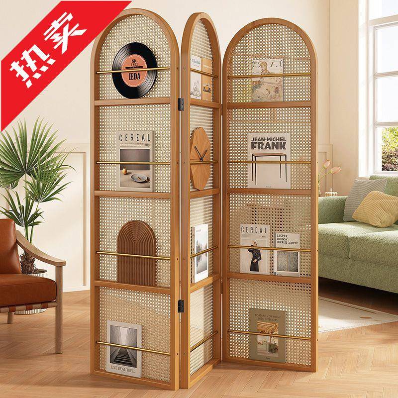 书架客厅落地置物架实木书柜儿童绘本收纳架藤编屏风移动杂志架子