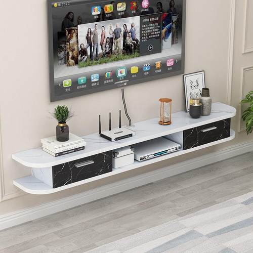W8轻奢壁挂岩板纹电视柜极窄悬空小户型简约挂墙式路由器置物架吊