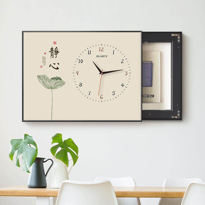 新中式电表箱装饰画带钟表新款弱电箱遮挡时钟免打孔开关盒挂华庚