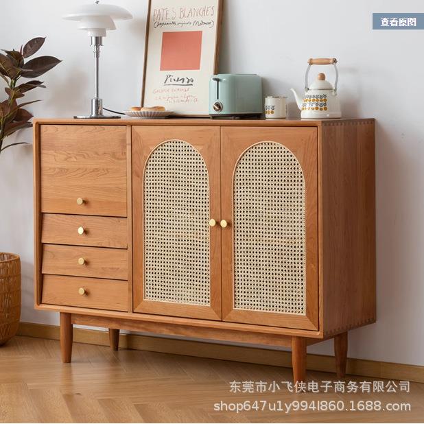 北欧实木藤编餐边柜小户型客厅靠墙收纳茶水柜家用樱桃木储物柜