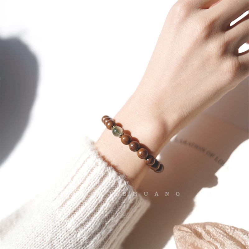 金丝楠木手串 天然木质手串水波纹老料文玩黄水R晶绿幽灵手链 女