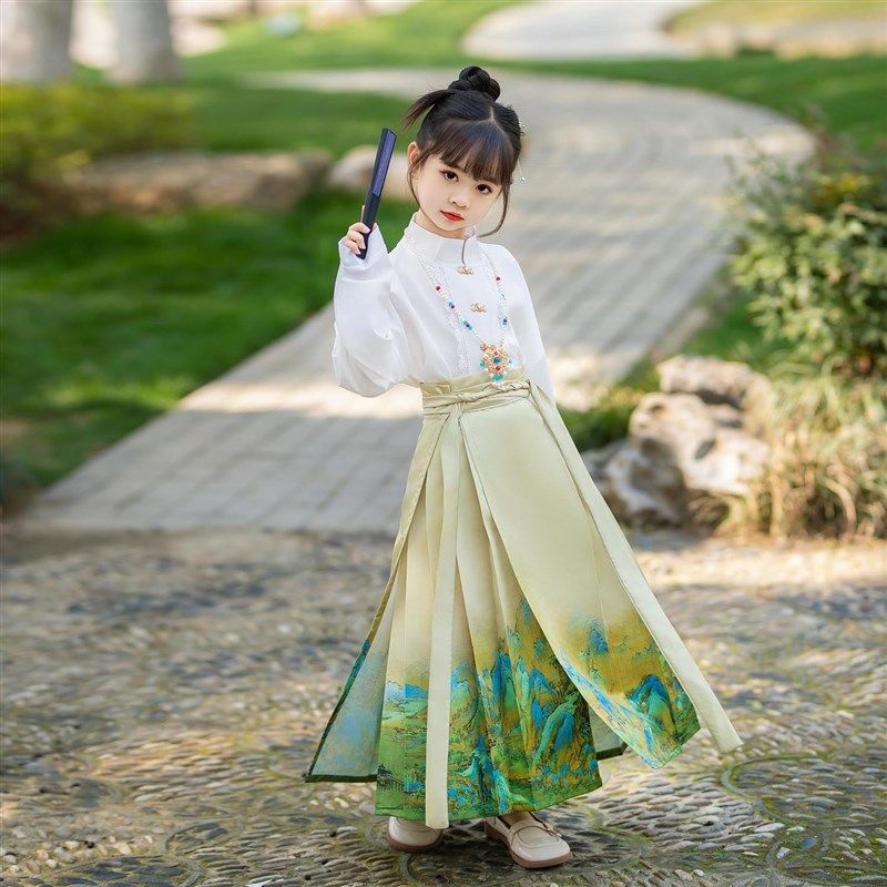 儿童新中式千里江山马面裙学生女童演出汉服国风女孩春秋超仙套装,童装/婴儿装/亲子装,汉服,淘宝优惠券,粉丝福利购,淘宝优惠卷