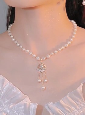 步步生莲锆石珍珠项链女高级设计感小众不掉色锁骨链2022年新款仙