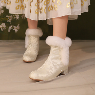 女童短靴2024秋冬棉靴加绒儿童高跟鞋公主配汉服礼服旗袍演出靴子