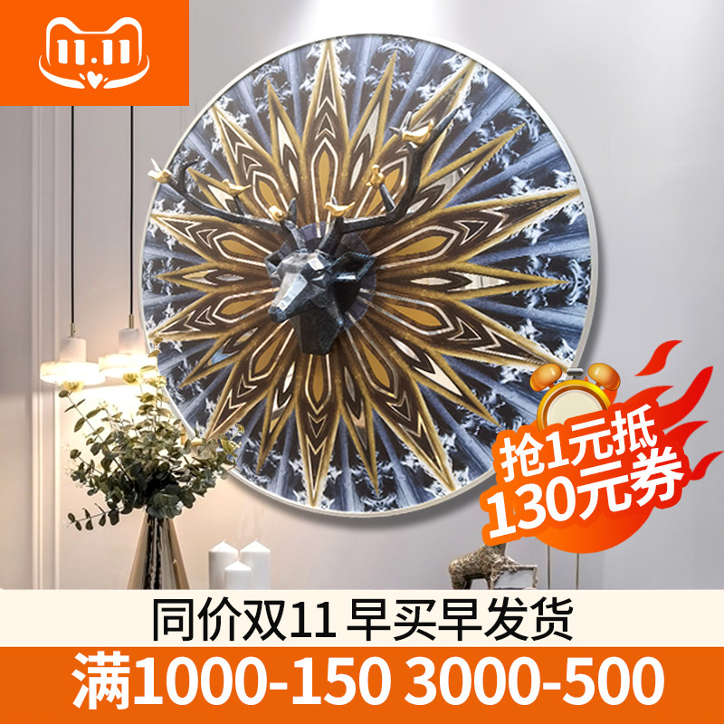 美式轻奢玄关装饰画欧式新古典餐厅背景墙挂Q画客厅壁炉圆形壁画图片