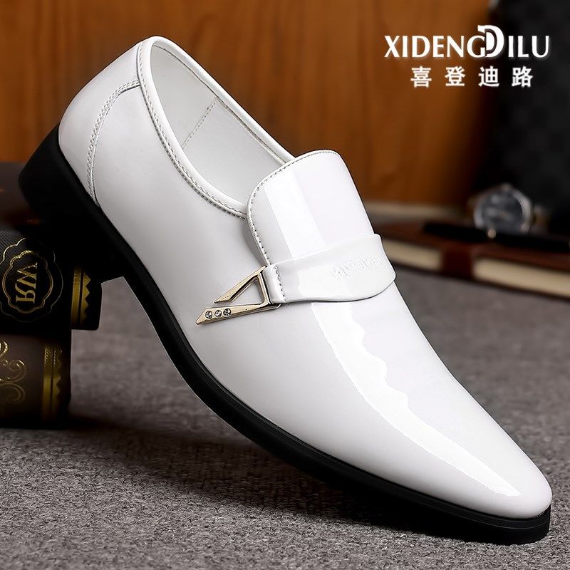 男士皮鞋小白鞋商务正装真皮亮皮尖头夏季透气镂空一脚蹬结婚鞋子