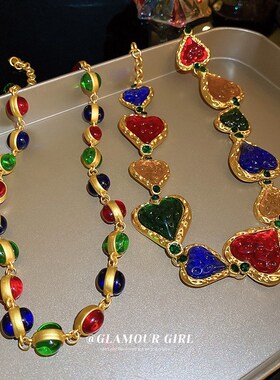 镶钻彩色褶皱爱心项链中古风宫A廷复古高级感锁骨链新款小众项饰