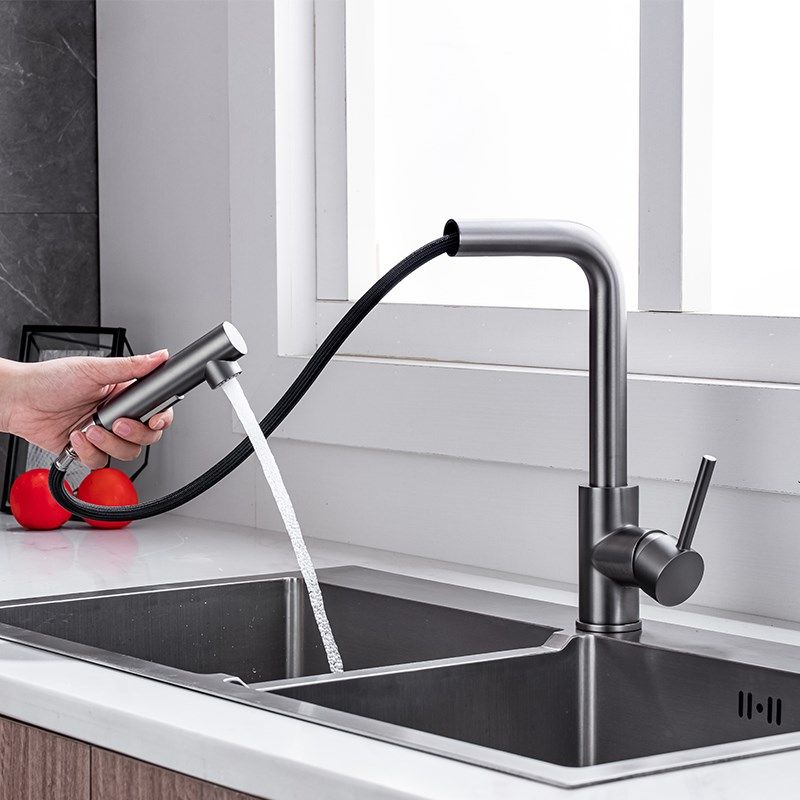 德国拉丝枪灰色全铜抽拉伸缩厨房水龙头冷热水槽洗碗池洗菜盆旋转,家装主材,厨房龙头,淘宝优惠券,粉丝福利购,淘宝优惠卷