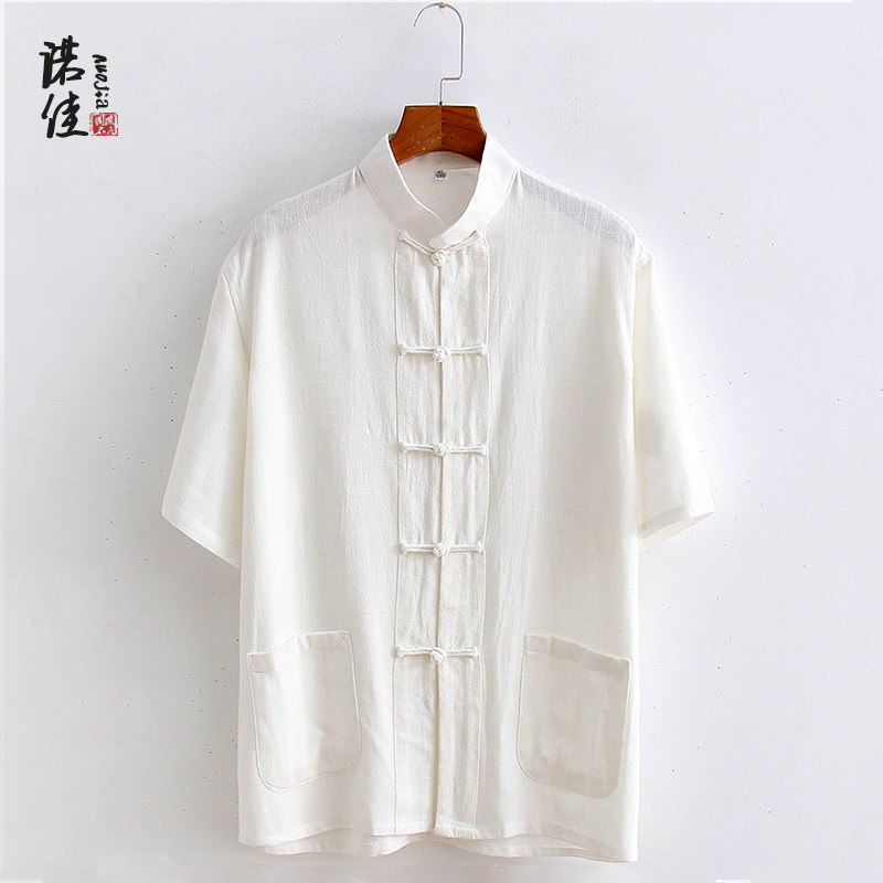 亚麻唐装男短袖上衣爸p爸夏装半袖中国风立领盘扣衬衫中式复古男