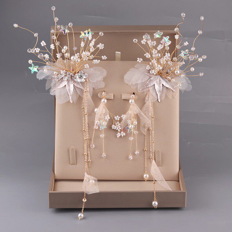 新娘婚纱头饰发夹森系配饰超仙甜美发箍套装流苏韩式绢纱结婚发饰