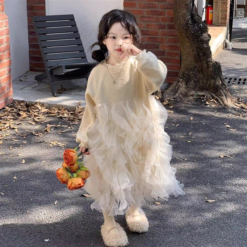 韩国童装2024秋冬新款米白色拼接蓬蓬网纱长裙女童花边袖毛衣裙子,童装/婴儿装/亲子装,连衣裙,淘宝优惠券,粉丝福利购,淘宝优惠卷