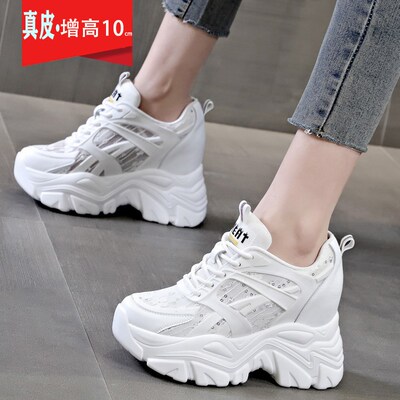 真皮网面内增高老爹鞋女10cm厚底防滑I透气小白鞋女百搭轻便运动