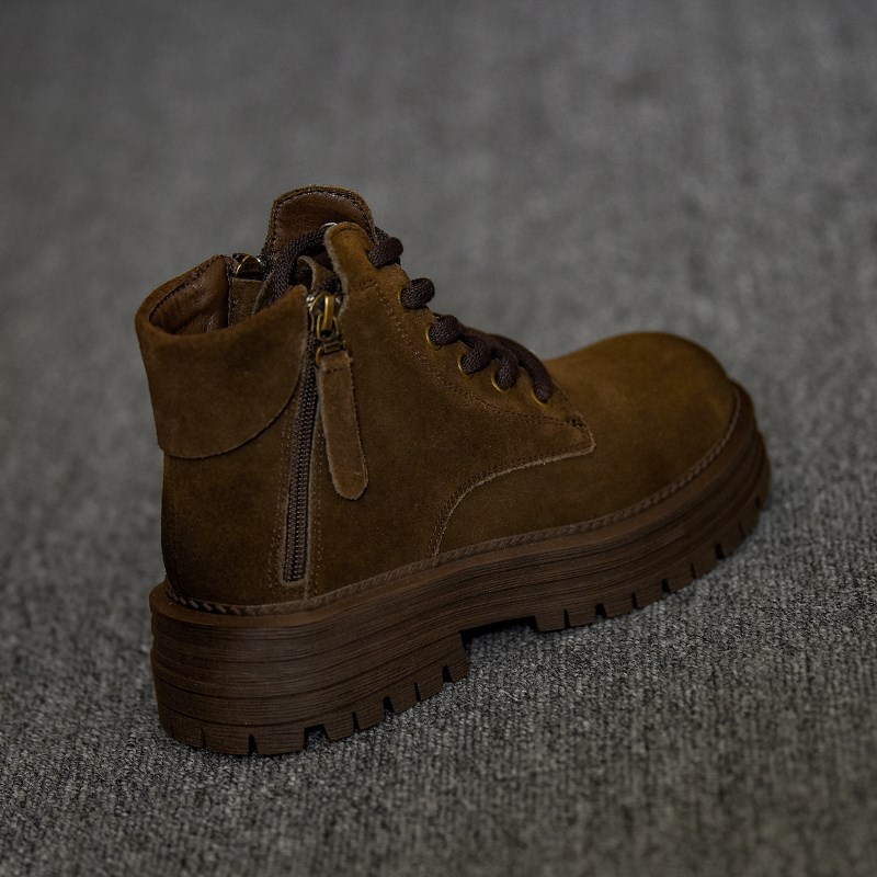 圆头短靴女厚底小个子中跟秋冬靴B子女系带马丁靴女粗跟复古女靴