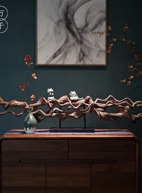 新中式禅意摆件实木枯藤根雕茶室客厅玄关民宿电视柜侘寂风装饰品