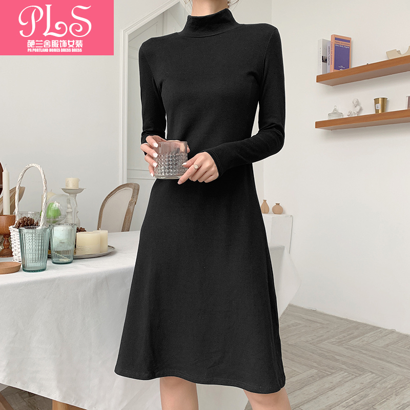 春秋新款韩版半高领纯棉修身长袖中长款连衣裙打底纯色休闲女装