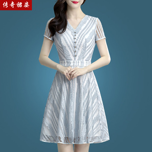 台湾纱连衣裙40-50岁气质女装2021新款小个子妈妈蕾丝网纱裙