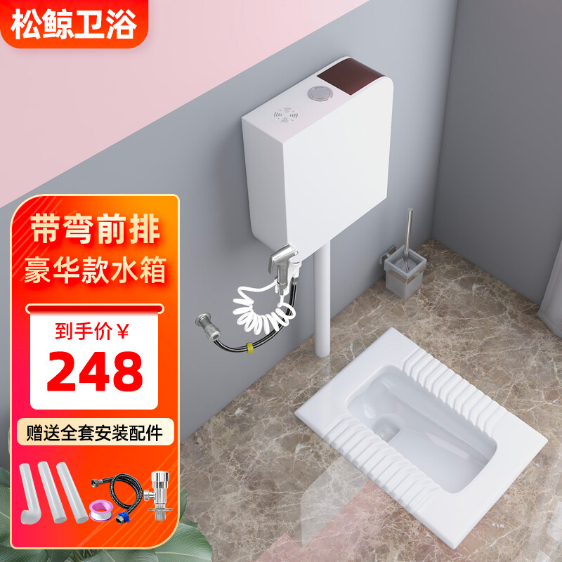 家用陶瓷蹲便器水箱蹲厕套餐卫生间带存水弯防臭蹲坑式大便器便盆