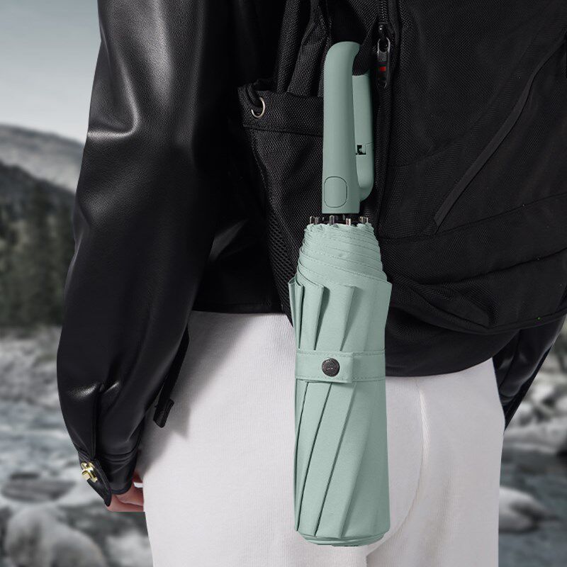 创意设计环扣手柄全自动10骨抗风伞简约纯色三折自开收男女折叠伞