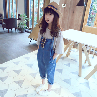 女童背带裤牛仔裤洋气2021秋装女大童宽松休闲哈伦九分裤二件套潮