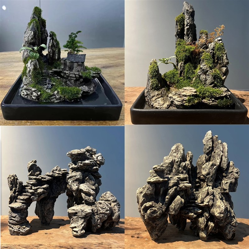 山中小屋陶瓷工艺品吸水石假山微景观造景盆景绿植水景摆件实心