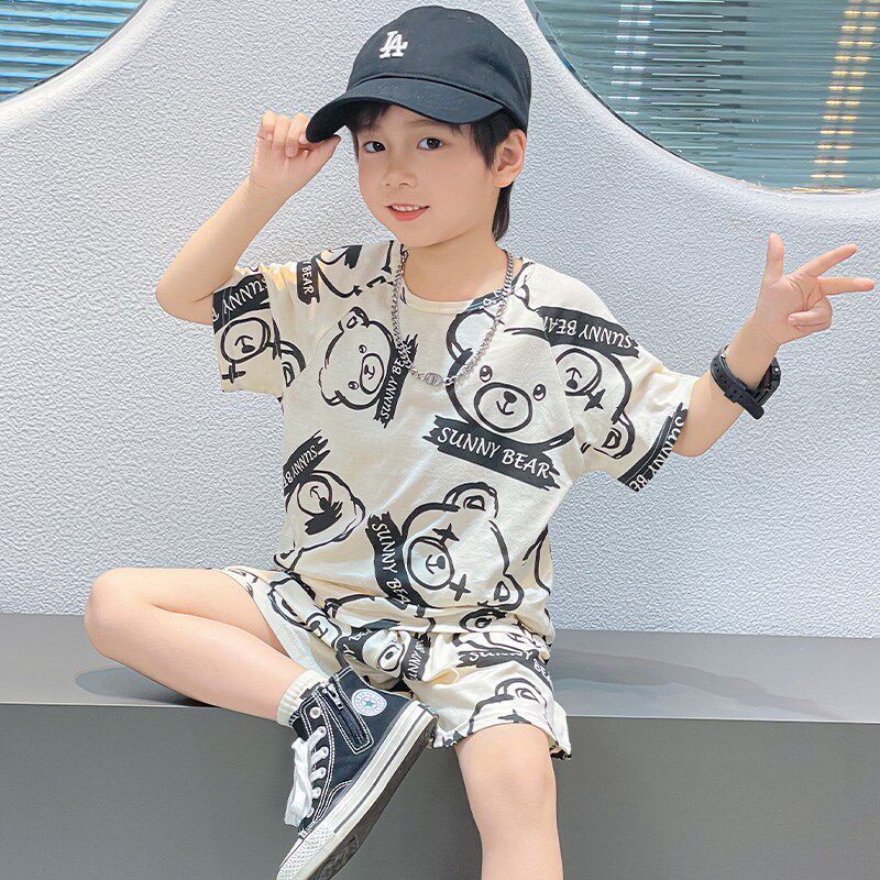 儿童睡衣春夏季纯棉男童时尚休闲运动套装女童短袖短裤薄款家居服