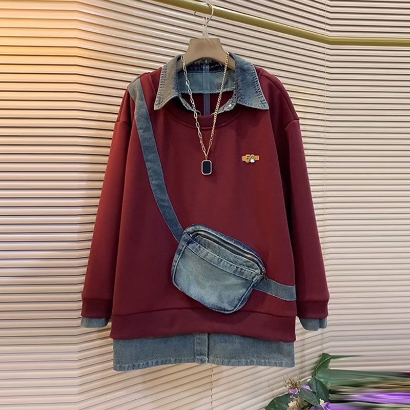 加大码女装拼接牛仔翻领拉链兜假两件卫衣胖妹妹个性设Z计休闲上