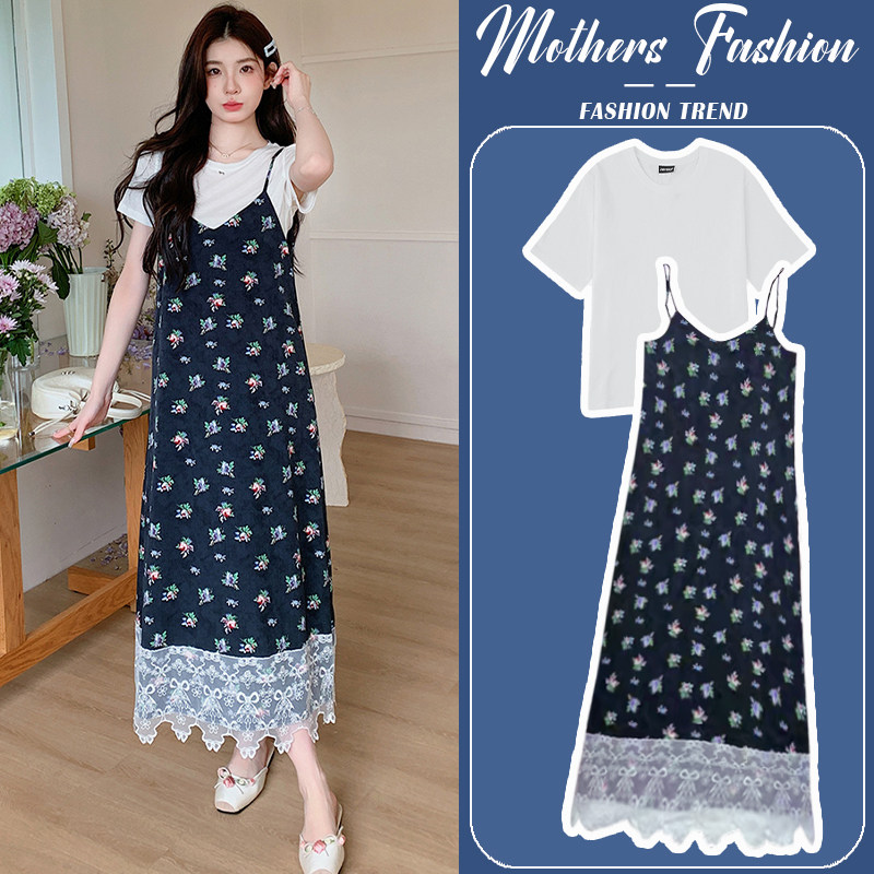孕妇连衣裙套装2025新款夏圆领短袖薄款甜美宽松上衣吊带裙两件套
