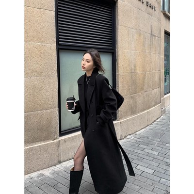 辰米范 黑色毛呢大衣女中长款冬2024新款收腰双排扣夹棉呢子外套