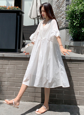 孕妇装连衣裙2023夏季白色纯棉中长款时L尚辣妈个性小清新蕾丝裙