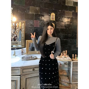 黑泽玄七吊带裙2024秋冬新款微胖大码收腰显瘦复古丝绒连衣裙女