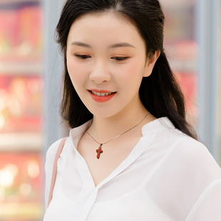 佛尘轩木质十字架项链男女红色黑色天然檀木冷淡风锁骨链情侣一对