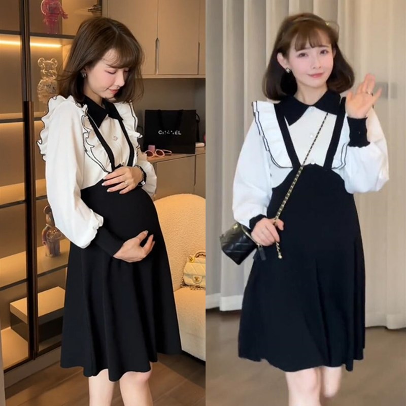 孕妇秋季连衣裙撞色翻领假两件隐形C哺乳口设计2022新款减龄百搭