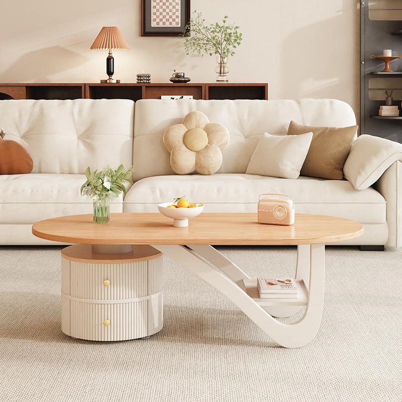 原木奶油风椭圆形实木茶几轻奢客厅家用小户型法式现代简约高级感