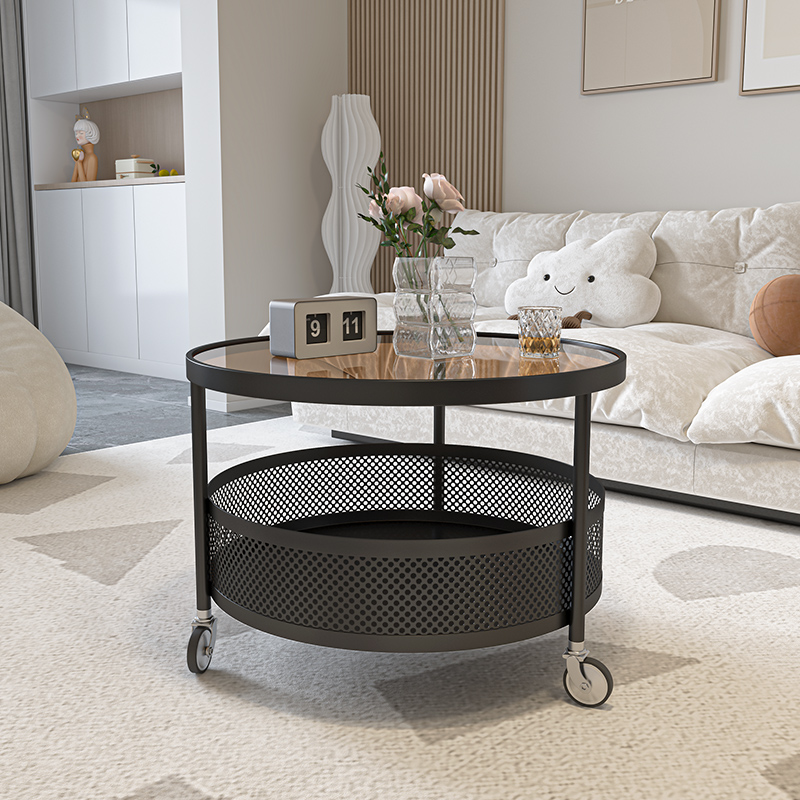 奶油风小户型茶几客厅家用现代简约圆形玻璃可移动迷你边几桌推车