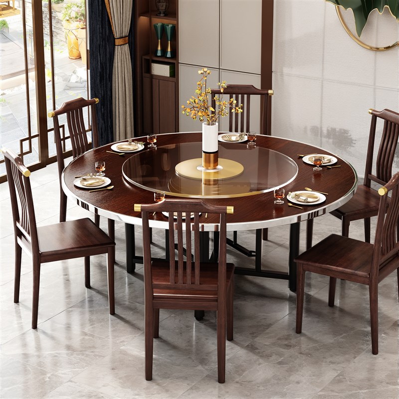 实木餐桌10人15人餐桌圆桌新中式圆形吃饭桌子家用单独桌面带转盘
