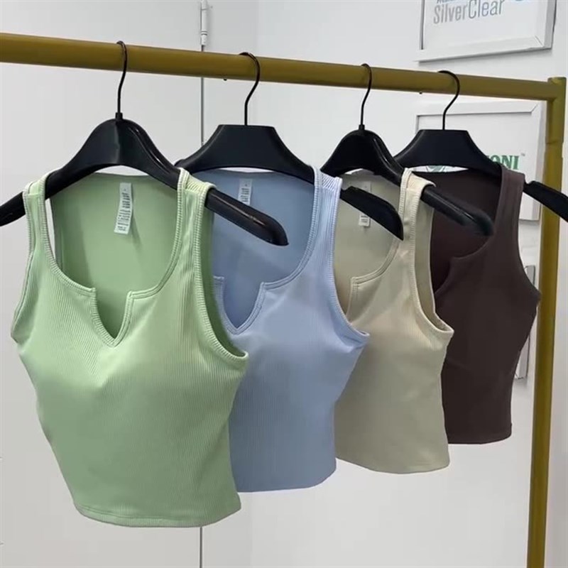 夏季罗纹瑜伽背心女带胸垫半固定瑜伽服透气V领V速干上衣健身服