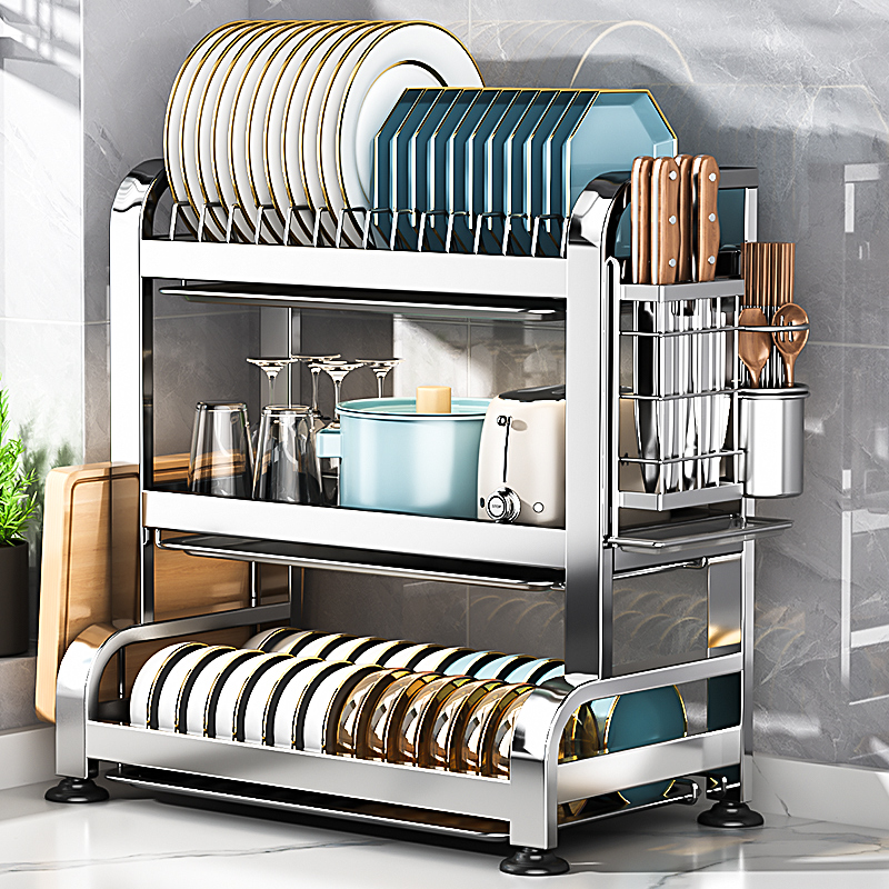 不锈钢碗碟收纳架厨房置物架家用多功能放碗架碗筷碗盘.沥水架碗