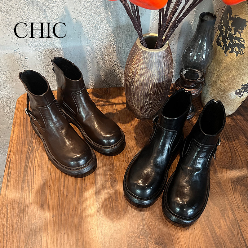 CHIC奇柚/真皮复古切尔西靴女2025冬季新款厚底马丁靴女显瘦大筒