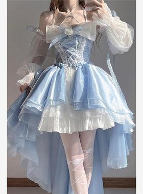 蓝色lolita连衣裙洋装设计前短后长花嫁重工大蝴蝶结拖尾公主裙子