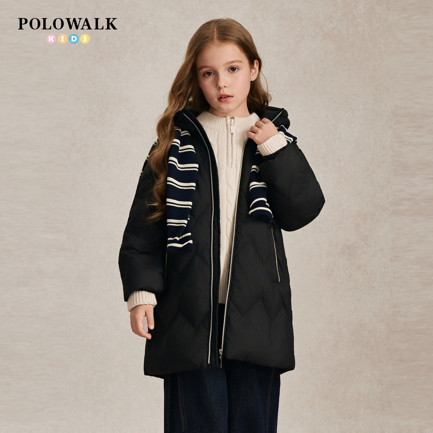 【90鸭绒】POLOWALK女童羽绒服2026冬季撞色出芽时尚立领连帽外套