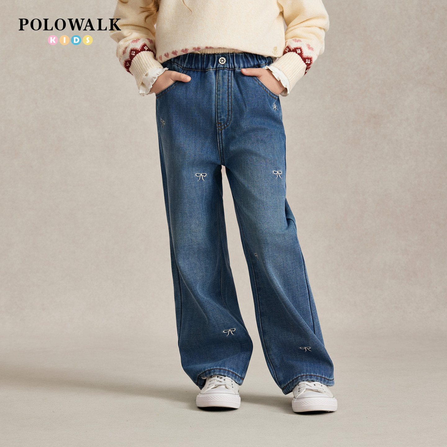 POLOWALK女童牛仔裤2026秋季新品脚口蝴蝶结松紧腰加绒保暖长裤