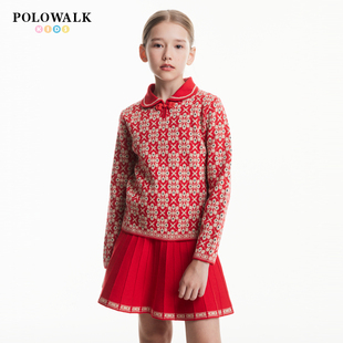 POLOWALK童装女童长袖长袖套装2025秋冬新款红色毛衣半裙两件套
